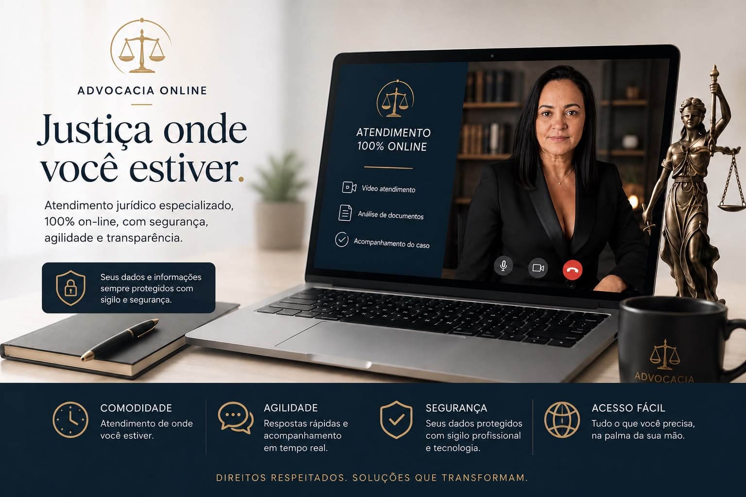 Atendimento jurídico 100% online: videochamada, análise de documentos e acompanhamento do caso